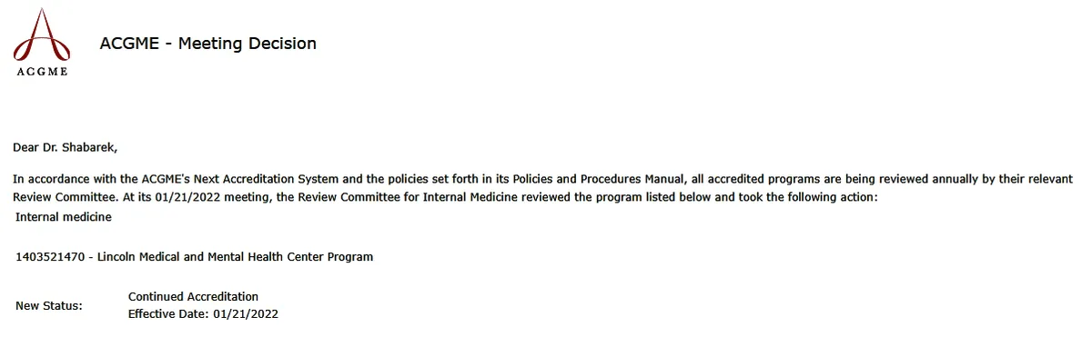 Residency program receives full ACGME accreditation